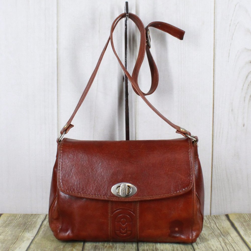 Marino Orlandi Brown Leather Flap Studded Plaid Lined Crossbody Purse Handbag - Picture 1 of 12